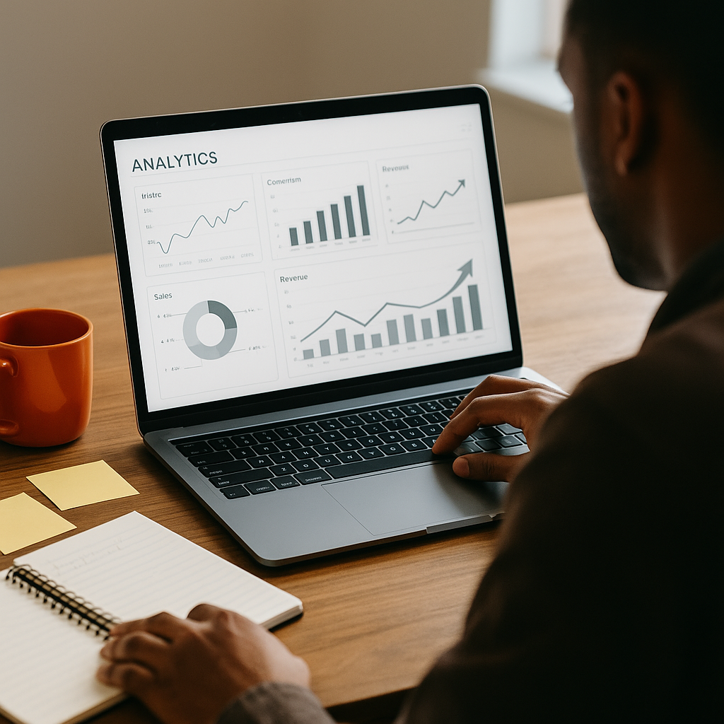 Professional analyzing data on a laptop dashboard with charts for traffic, conversions, sales, and revenue, alongside notes and an orange coffee mug, symbolizing Bitrora’s analytics and optimization services.