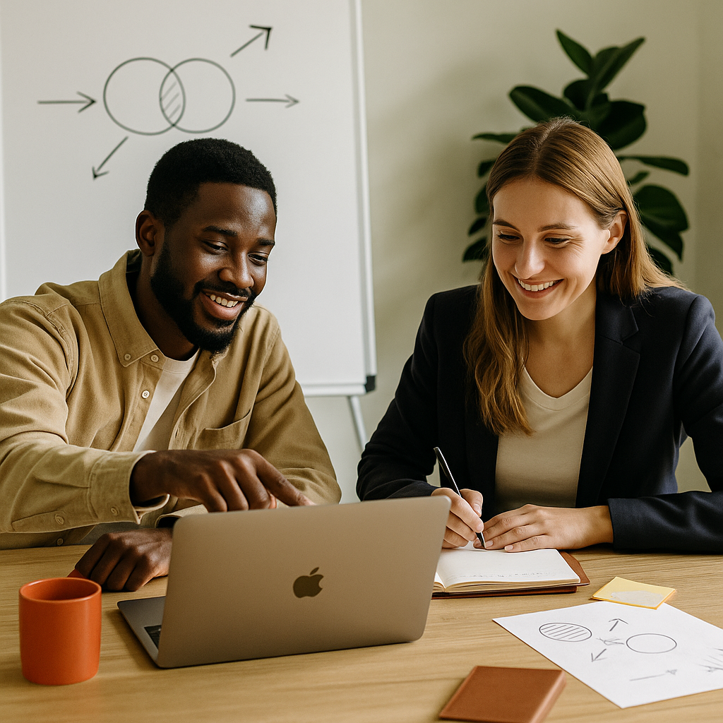 African American man and Caucasian woman collaborating at a desk with a laptop, notebook, and partnership diagram, symbolizing Bitrora’s B2B partnerships.