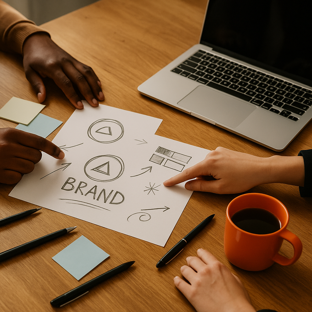 Diverse professionals collaborating on brand concepts at a desk with logo sketches, color swatches, a laptop, and an orange coffee mug, symbolizing Bitrora’s brand consulting services.
