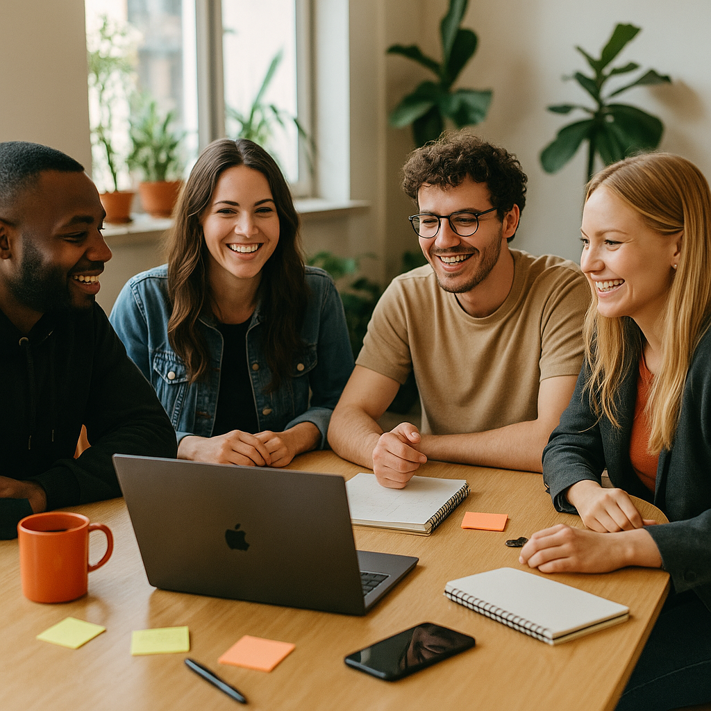 Four diverse coworkers smiling and collaborating around a laptop in a modern workspace with notebooks, sticky notes, and an orange coffee mug, symbolizing Bitrora’s community growth.