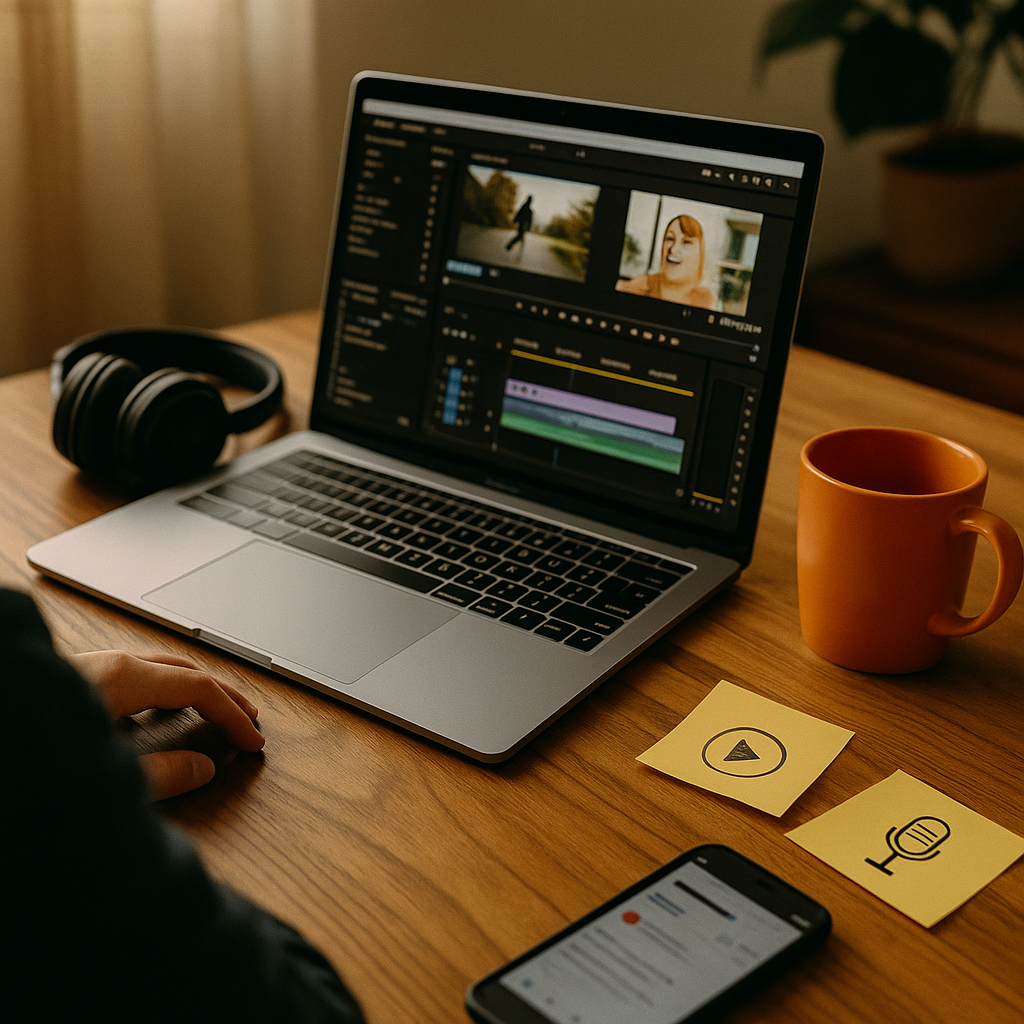 Laptop with video editing timeline on screen, surrounded by headphones, a camera lens, sticky notes, and an orange coffee mug, symbolizing Bitrora’s content production process.