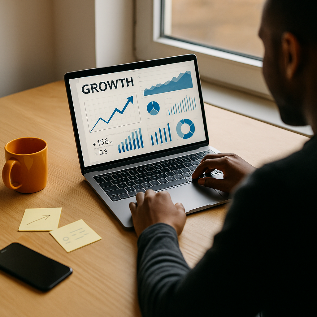 Professional working on a laptop with growth analytics dashboard, orange coffee mug, sticky notes, and smartphone, symbolizing Bitrora’s digital growth marketing.