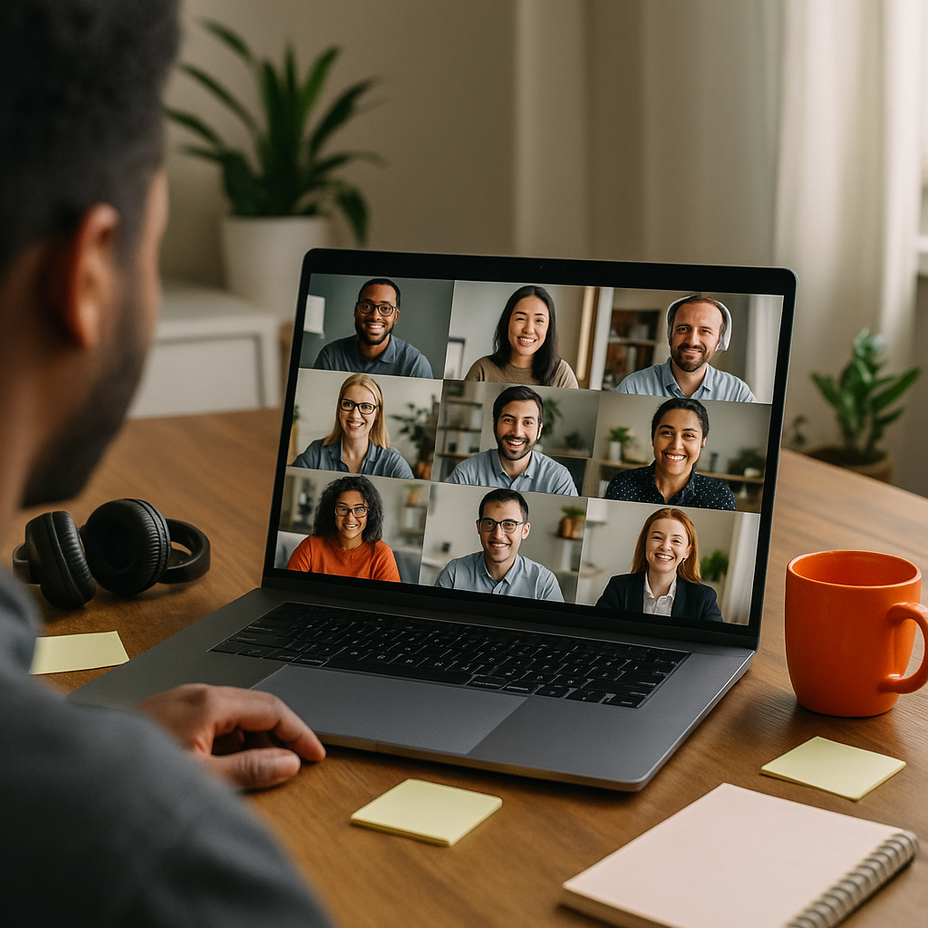Professional in a home office on a laptop video call with diverse global teammates, orange coffee mug and headphones on desk, symbolizing Bitrora’s outsourced remote talent.