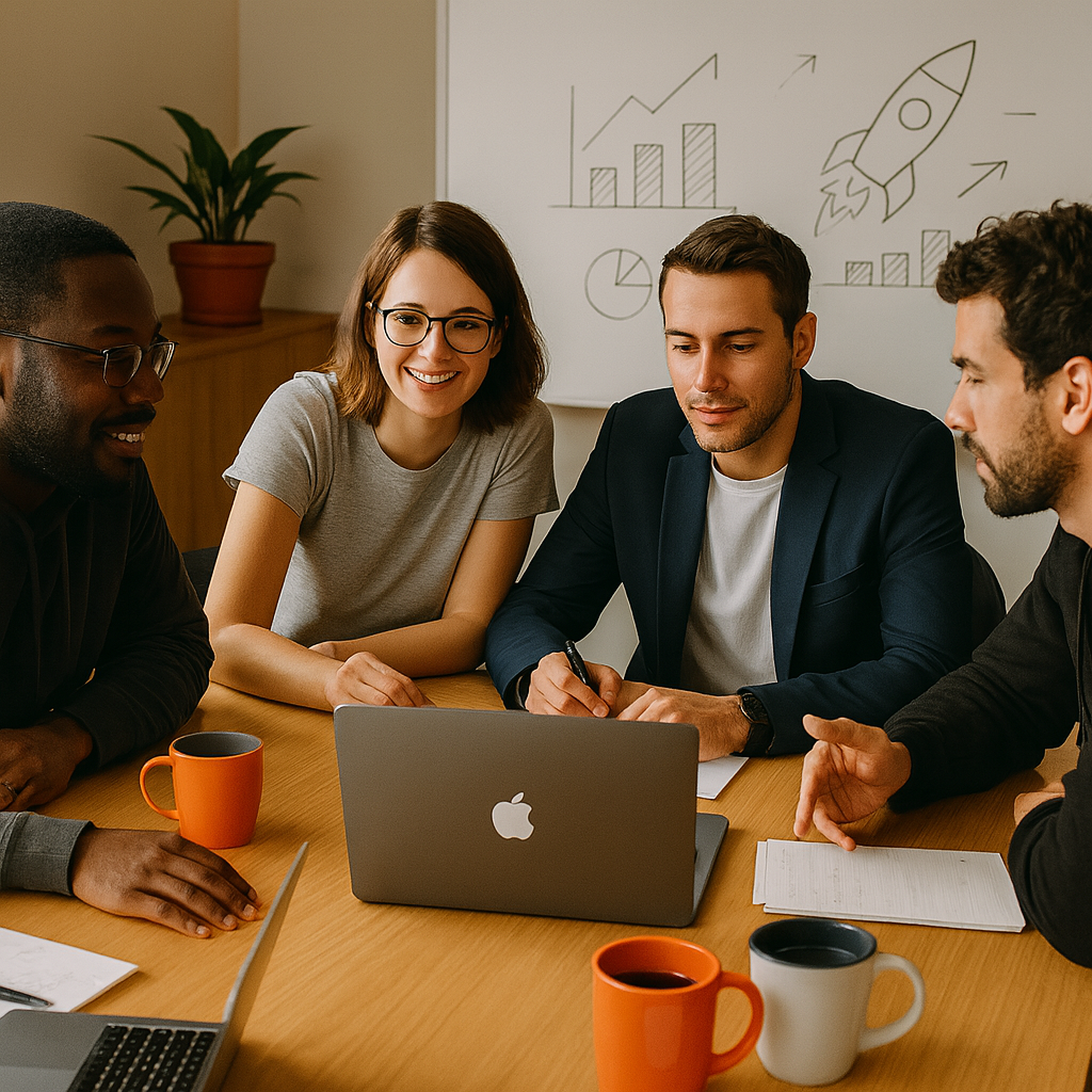 Four diverse professionals brainstorming around a table with Apple laptops and coffee mugs, symbolizing Bitroraâ€™s creative product marketing strategies.