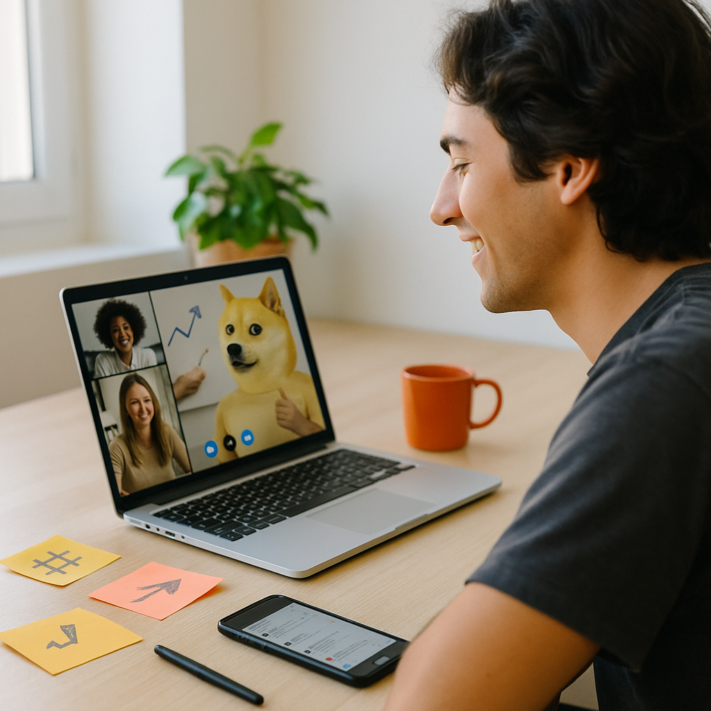 Young professional on a video call with diverse teammates and the Doge meme, surrounded by sticky notes and a smartphone, symbolizing Bitrora’s social media marketing strategy.
