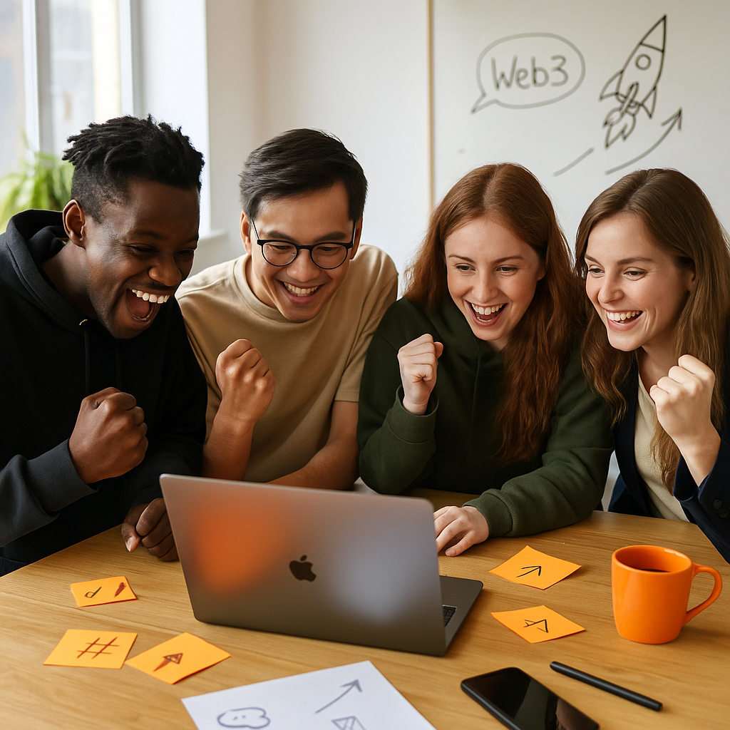 Four diverse young professionals celebrating around a laptop with sticky notes and an orange coffee mug, symbolizing Bitrora’s Web3 growth campaigns.