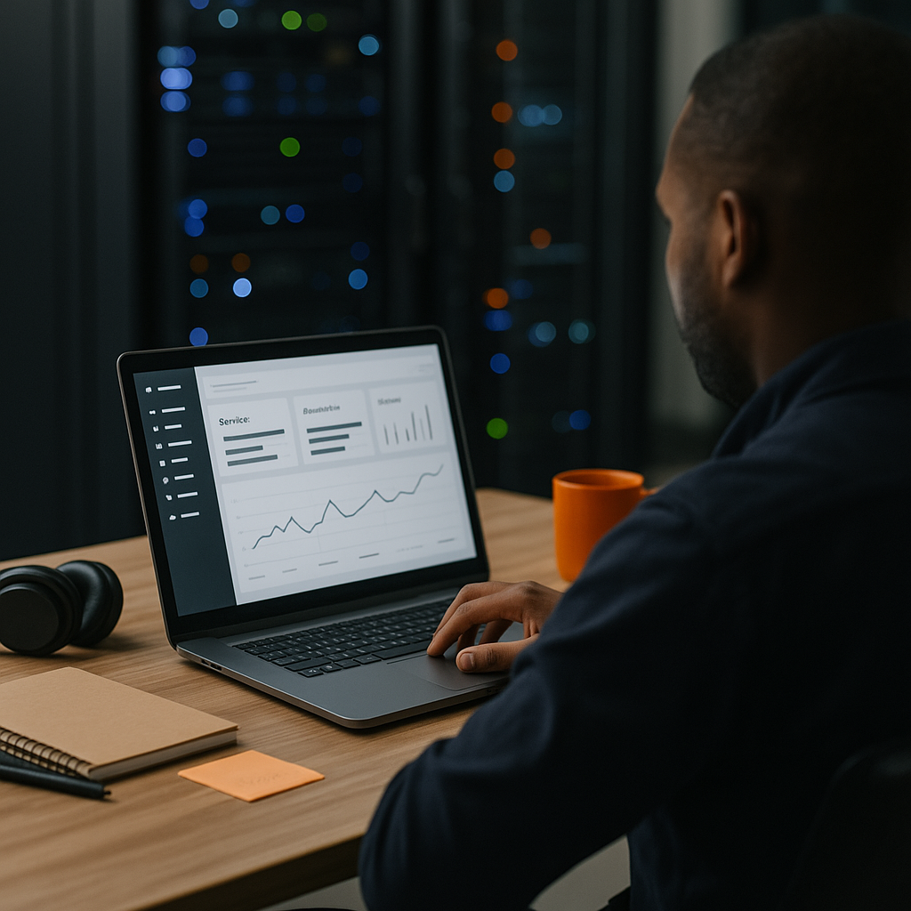 Professional monitoring website hosting dashboards on a laptop in front of glowing server racks, with a notebook, headphones, and orange coffee mug on the desk, symbolizing Bitrora’s reliable hosting.