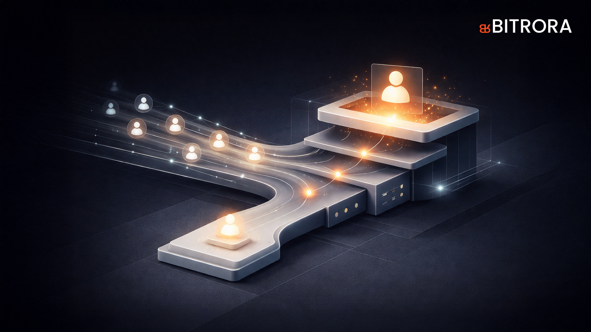 Abstract illustration of SaaS lead generation showing qualified prospects flowing through an automated demand system