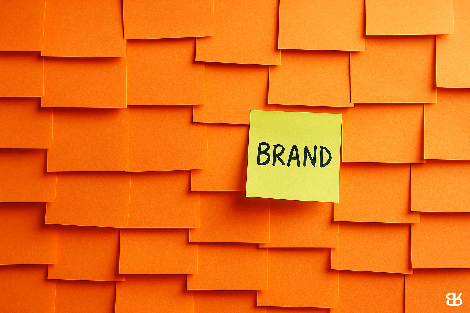Minimalist office wall with uniform sticky notes and one bright orange note symbolizing a standout SaaS brand