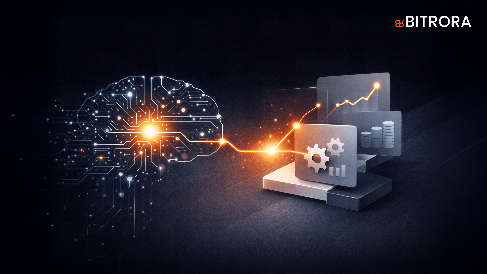Abstract illustration of AI automation connecting intelligent systems to startup operations and scalable growth