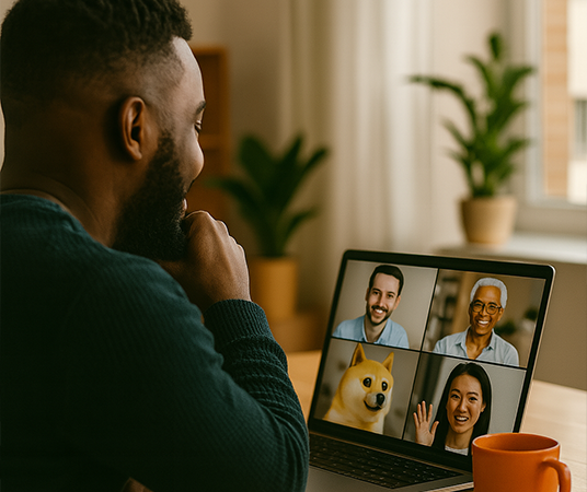 http://African-American%20man%20in%20a%20modern%20home-office%20on%20a%20video%20call%20with%20diverse%20teammates%20and%20a%20Doge%20meme%20character,%20symbolizing%20Bitrora’s%20global%20Web3%20collaboration.