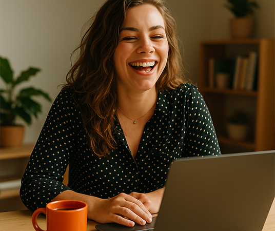 http://Smiling%20woman%20laughing%20at%20her%20laptop%20during%20remote%20work,%20with%20an%20orange%20coffee%20mug,%20representing%20Bitrora’s%20creative%20and%20human-centered%20Web3%20approach.