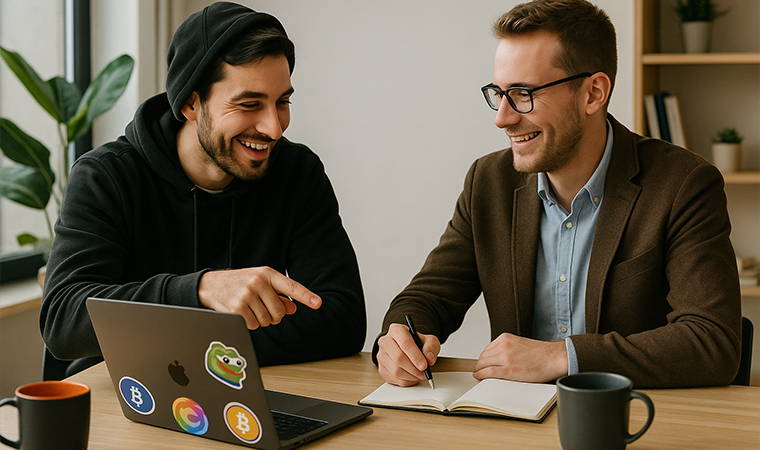 http://Two%20professionals%20in%20casual%20and%20smart-casual%20attire%20brainstorming%20together%20at%20a%20desk,%20with%20a%20laptop%20showing%20crypto%20stickers,%20symbolizing%20Bitrora’s%20Web3%20collaboration.