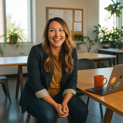 http://Smiling%20professional%20woman%20in%20a%20modern%20office%20with%20a%20laptop%20and%20orange%20coffee%20mug,%20symbolizing%20Bitrora’s%20approachable%20Web3%20leadership%20and%20creativity.
