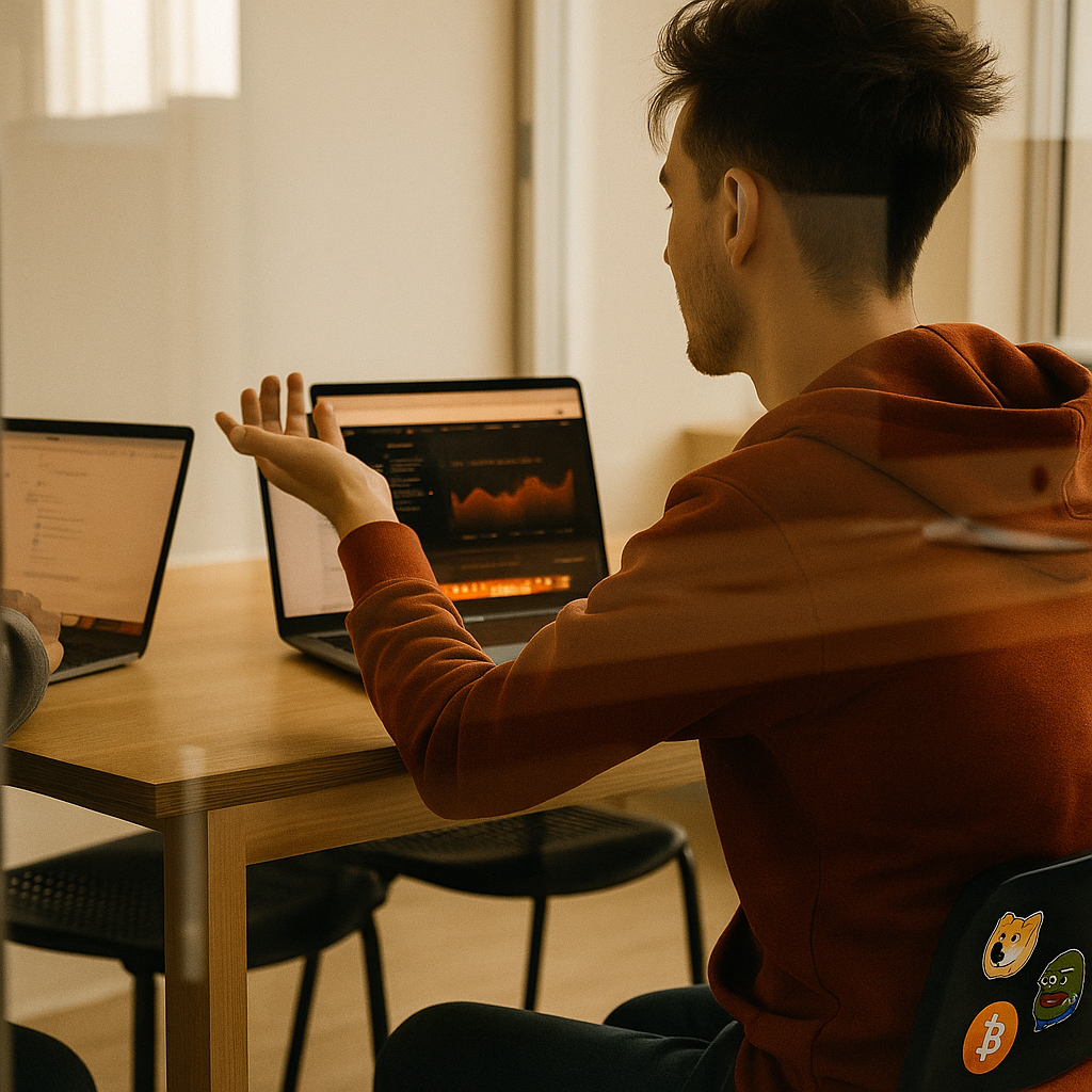 http://Young%20professional%20in%20an%20orange%20hoodie%20collaborating%20on%20a%20laptop%20with%20crypto%20stickers,%20symbolizing%20Bitrora’s%20Web3%20teamwork%20and%20growth%20strategies.