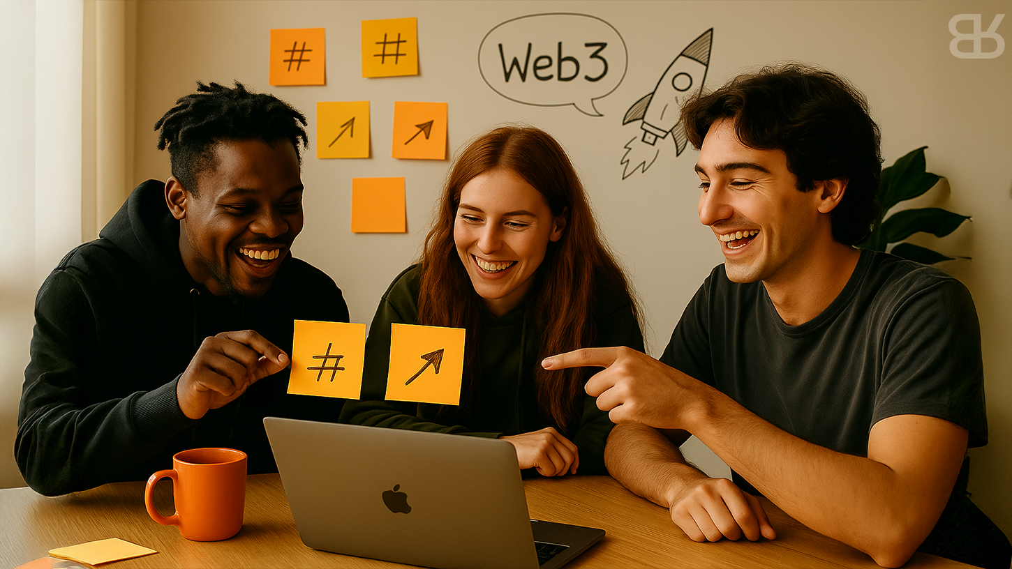 Group of young founders in a casual setup, sticky notes on the wall with doodles like rockets/hashtags, everyone laughing and leaning in → playful, high-energy.