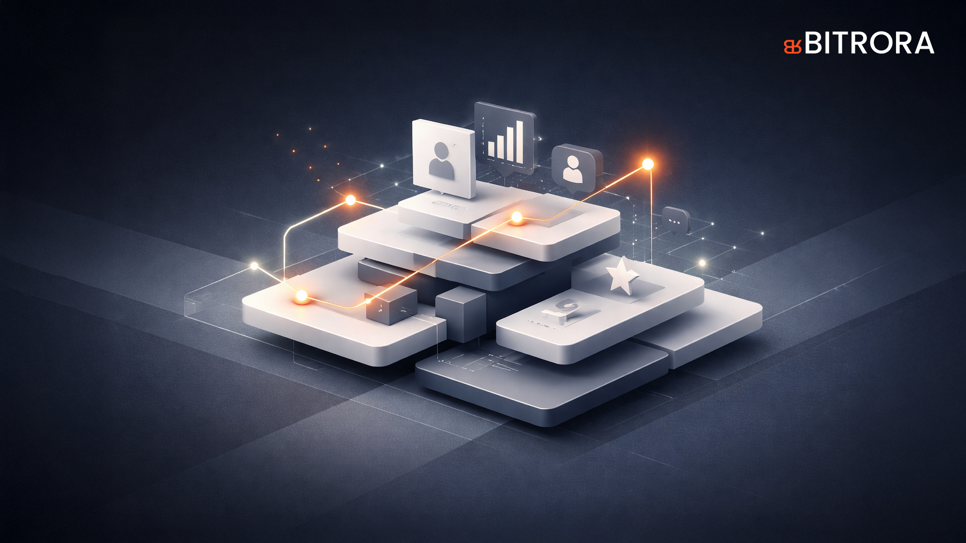 Abstract illustration of a SaaS brand system showing layered platforms, user trust, analytics, and long-term growth