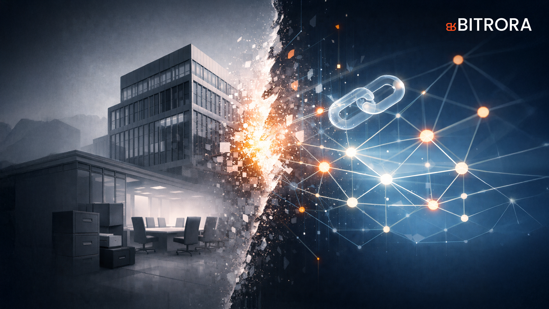 Illustration showing legacy corporate brands transitioning into Web3 through digital networks and decentralized technology